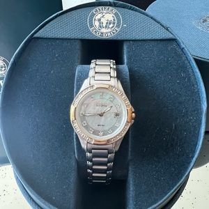 Citizen Eco Drive Watch Silver and Gold Band Mother of Pearl Dial w/ Diamonds